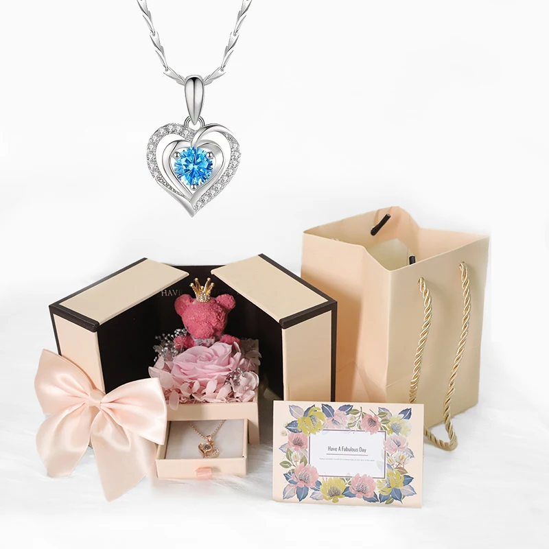 Heart Blue Zircon Pendant Necklace With Luxury Bow Bear Rose Gift Box For Women Girlfriend Mother 2025 Fashion Wedding Jewelry