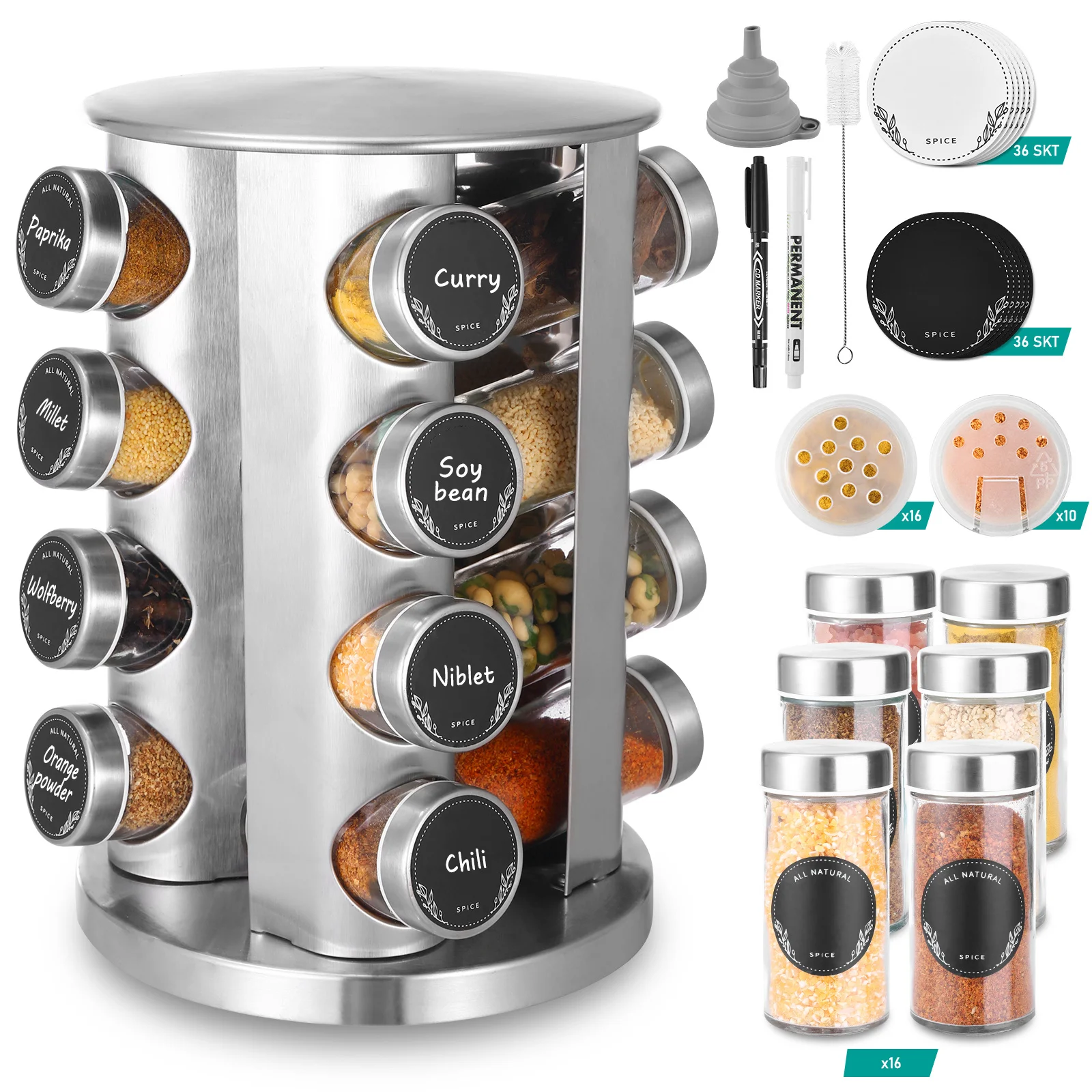 

Round Kitchen Spice Rack (with 16 Spice Jars), Spice Jar Rack, Spice Jar Holder, with Stainless Steel Lid,for Kitchen Storage