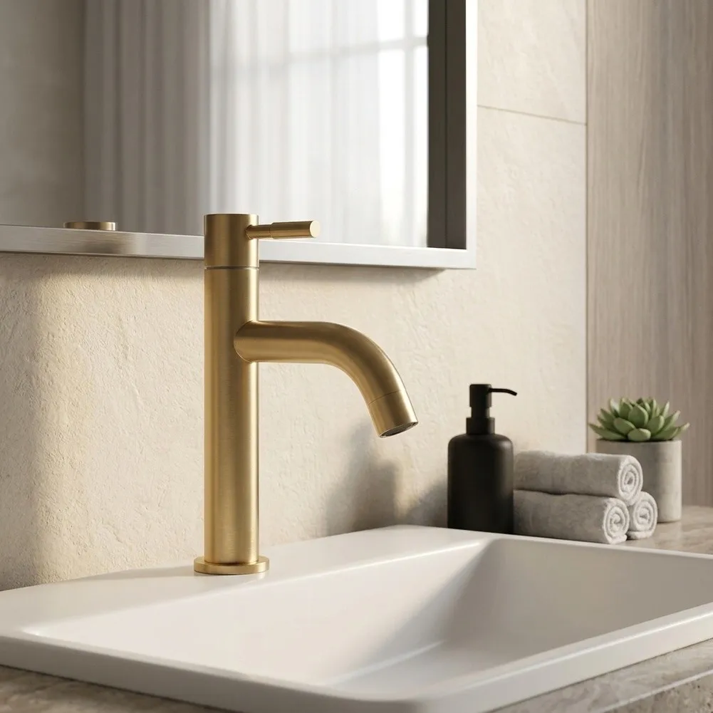 Single Cold Stainless Steel Bathroom Faucet with Brushed Gold Tone Finish for Standard Sink Mounting Requirements