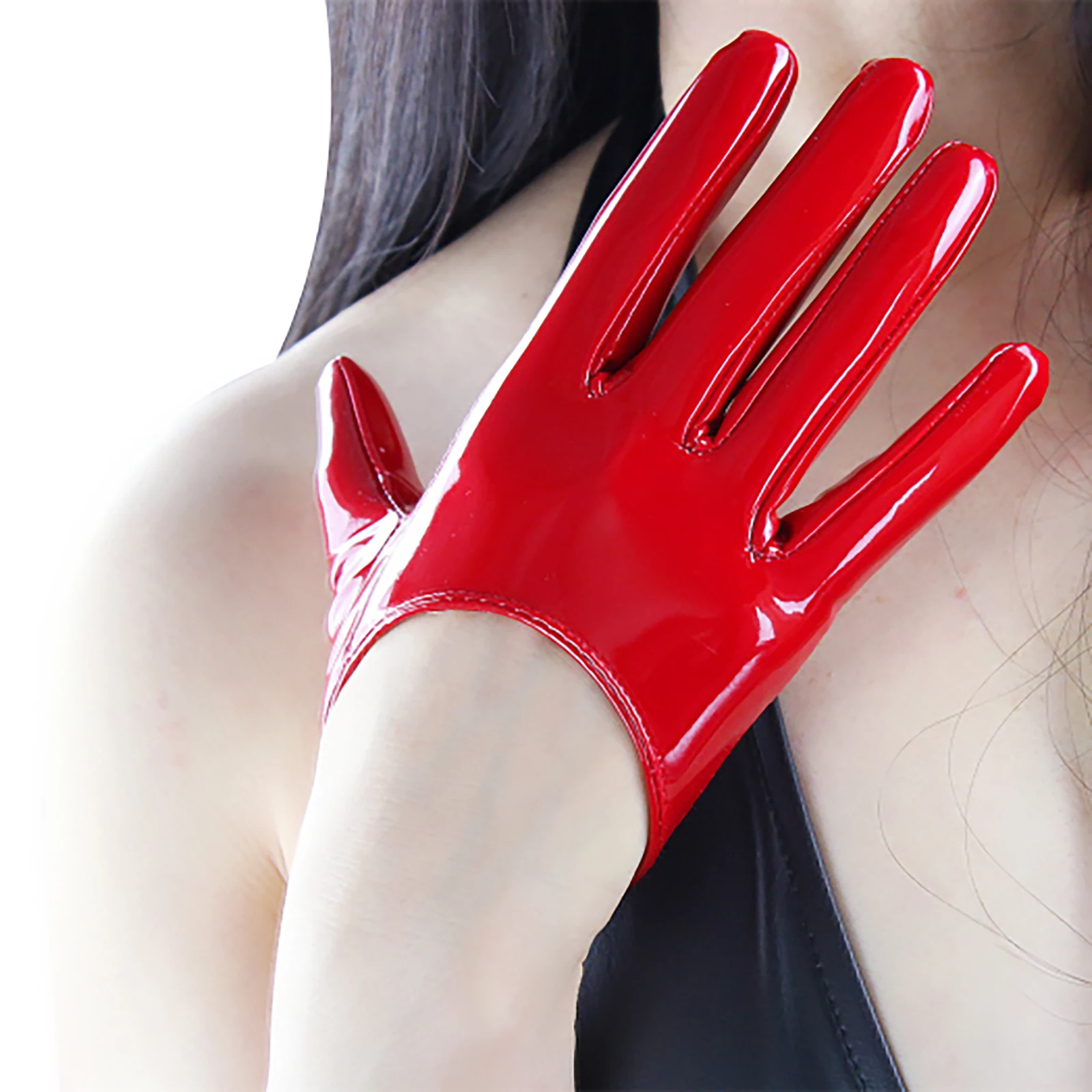 DooWay Women Hot Red Shiny Faux Patent Leather PU Gloves Handmade Cosplay Wedding Party Wearing Evening Fashion Finger Gloves