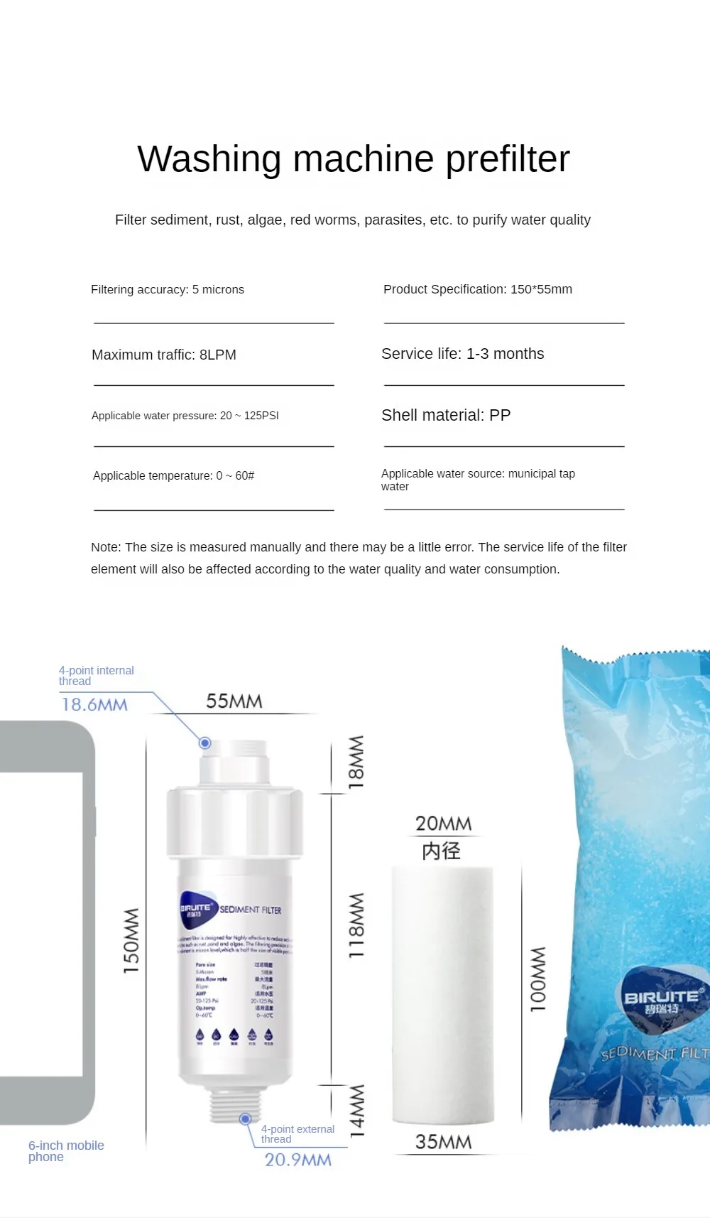 Filtro de agua para grifo para fregadero, purificador de agua pequeño para lavadora de ducha, eliminación de arena de hierro de 1 etapa con filtro de algodón PP