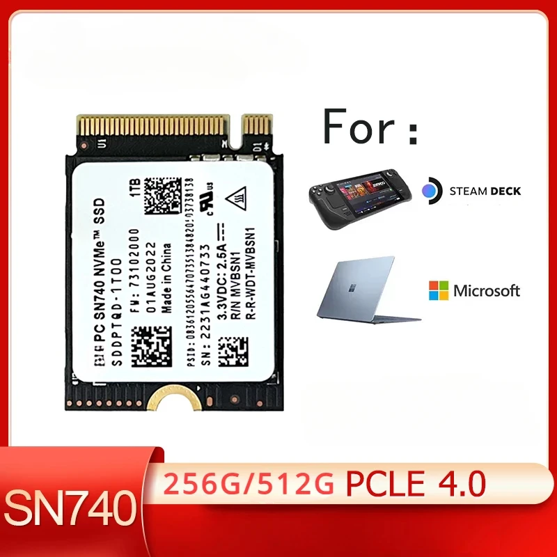 For W-D SN740 512GB 256GB M.2 NVMe 2230 PCIe4.0x4 SSD Solid State for Microsoft Surface ProX Surface Laptop 3 Steam Deck 99%new