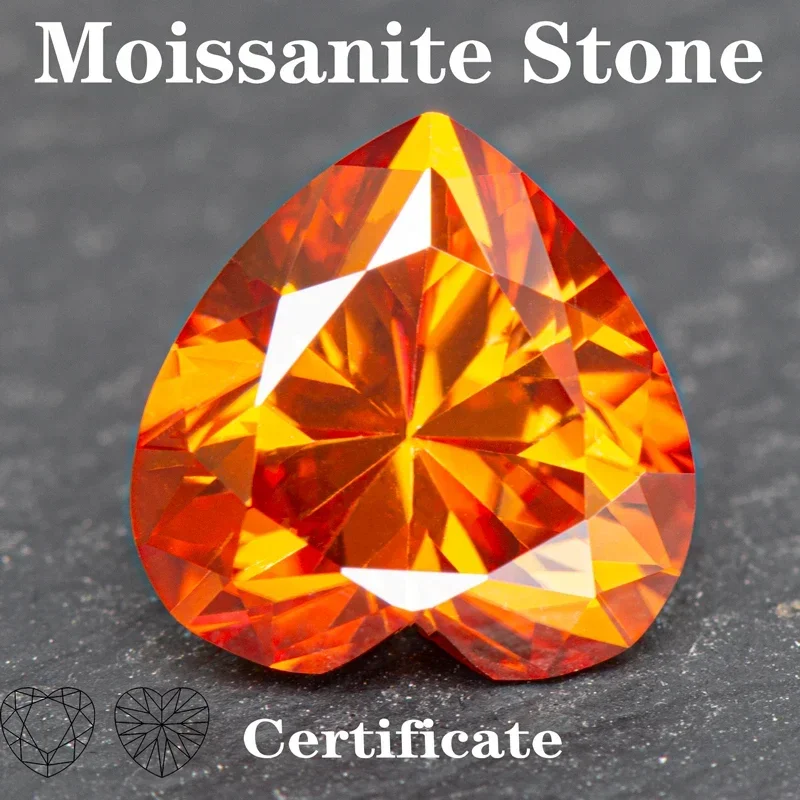 

Moissanite Stone Orange Color Heart Shape VVS1 with GRA Certificate for Pass Diamond Tester Charms Jewelry Making Materials