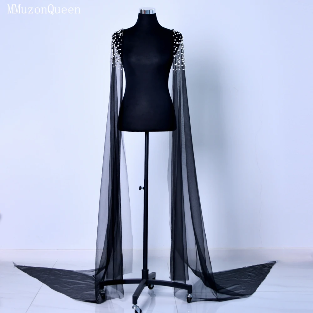 MMQ Black Bridal Bolero With Pearl Tulle Robe Bridal Cape Dresses Covers Shoulders Woman For Wedding DIY Customized MG42