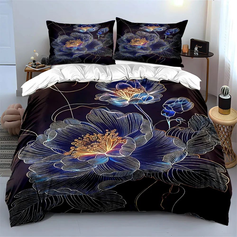 Delicate flowers with colorful outlines Print Bedding Set 1 Duvet Cover 2 Pillowcases for Adult and Children Luxury Gift