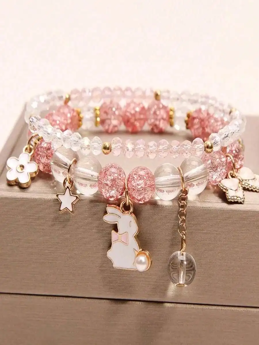 

Милый браслет с подвеской в виде кролика для женщин, набор украшений с розовыми кристаллами и бусинами, регулируемый, модный аксессуар