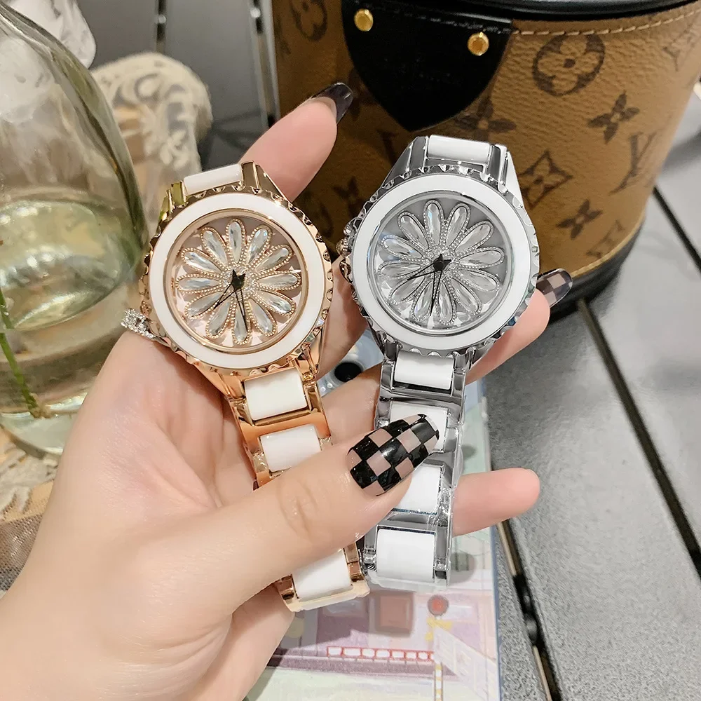 Camellia Elegant Fashion Ceramics White Watch Women Waterproof Diamond Face Butterfly Neddle Lady Watch