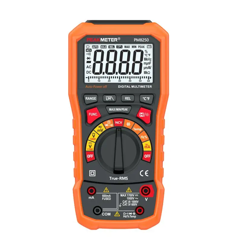 PEAKMETER PM8250 Auto Range Digital Multimeter 1700V Voltmeter 6000 Count Display Data Hold NCV Detection MAX/MIN/PEAK REL LPF