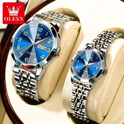 OLEVS-Montre de couple à quartz de luxe pour hommes et femmes, cadran numérique, losange, miroir, horloge à main, acier inoxydable, montres originales, nouveau, 9970