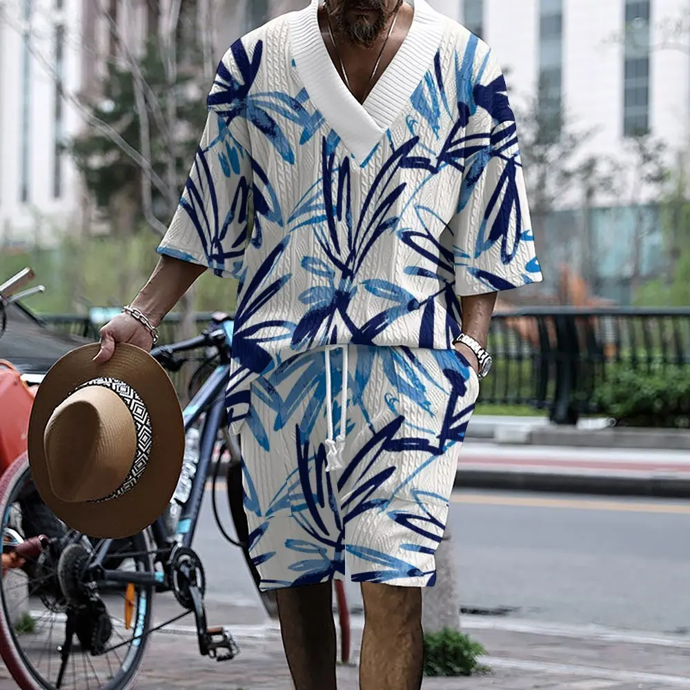 Nova moda masculina conjunto verão estilo havaiano solto plus size roupas masculinas folha impressão série shorts de manga curta conjunto de duas peças