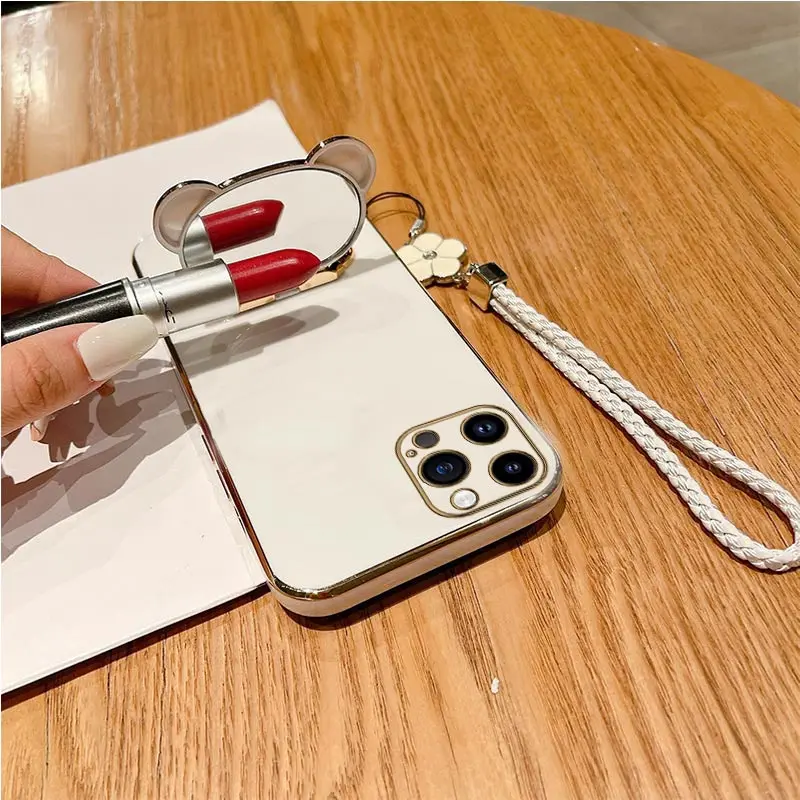 Flower Strap Mirror Bear Plating Case For iPhone 14 11 12 13 Pro Max 13 12 Mini 8 7 6 6S Plus 10 X Xr Xs Max SE 2020 Cover