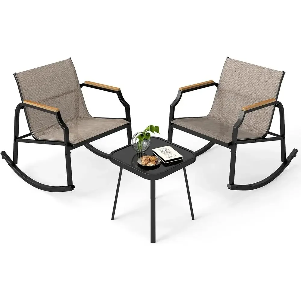 Brown Outdoor Patio Rocking Bistro Set with Metal Rockers and Tempered Glass Table