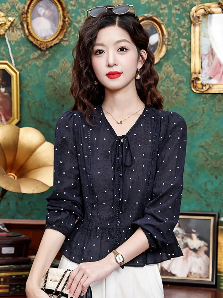 Faionable V-Ne Belted Chiffon irt Women's Autumn 2025 New Sle Slimming Top French Sle Bubble Sve Printed Blouse