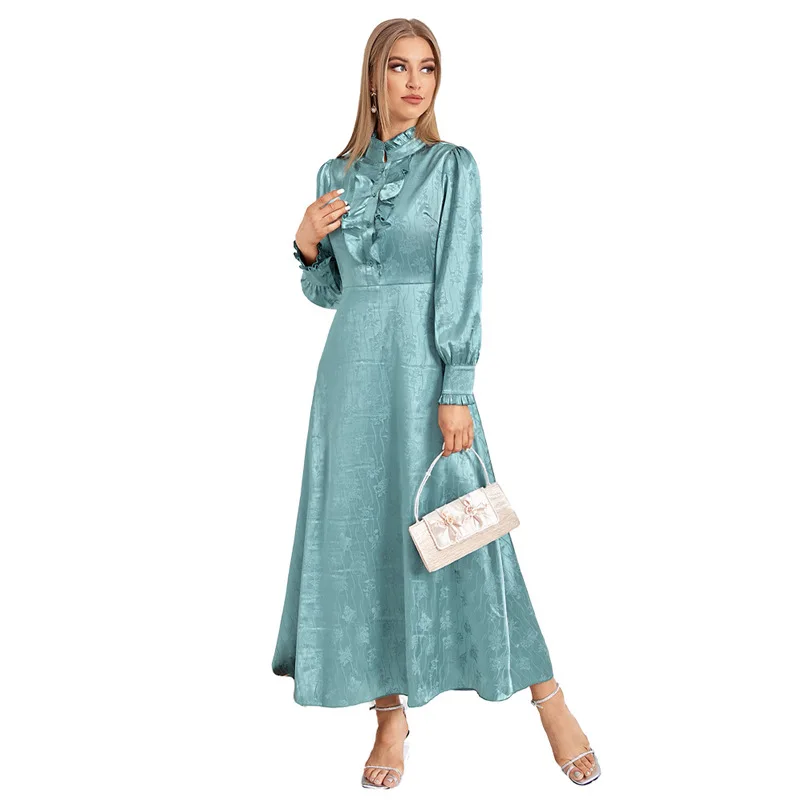 Women Eid Muslim Dresses Lantern Sleeve Turtleneck Gorgeous Dubai Party Dress Vestidos High Waist Solid Color Elegant Kaftan