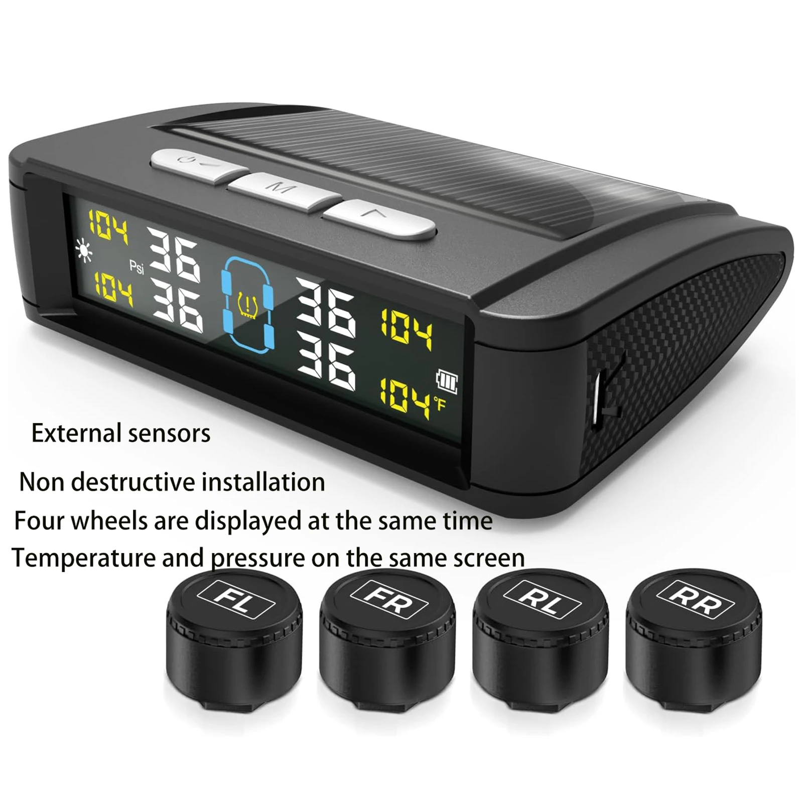 

Temperature Warning Fuel Save Tire Pressure Monitoring System Solar TPMS With 4 External Sensors Car Tyre Pressure Monitor