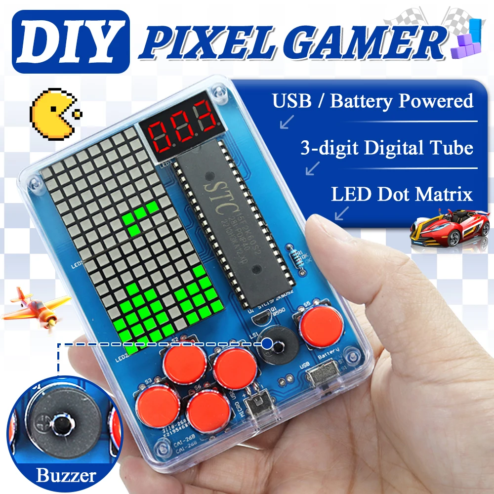 DIY Kit Electronic Pixel Game Console LED Dot Matrix Digital Tube Display DIY Soldering Kit STC15F2K60S2 MCU Double-Sided PCB