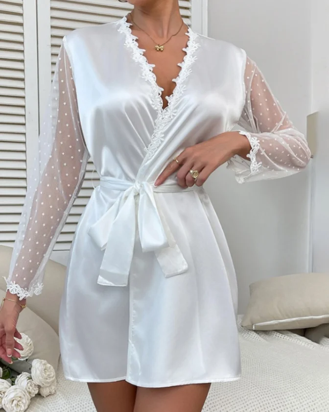 

Color Blocked Lace Patchwork V-Neck Polka Dot Transparent Mesh Sleeves Pajamas Sexy Lace Up Details Long Robe for Women At Home