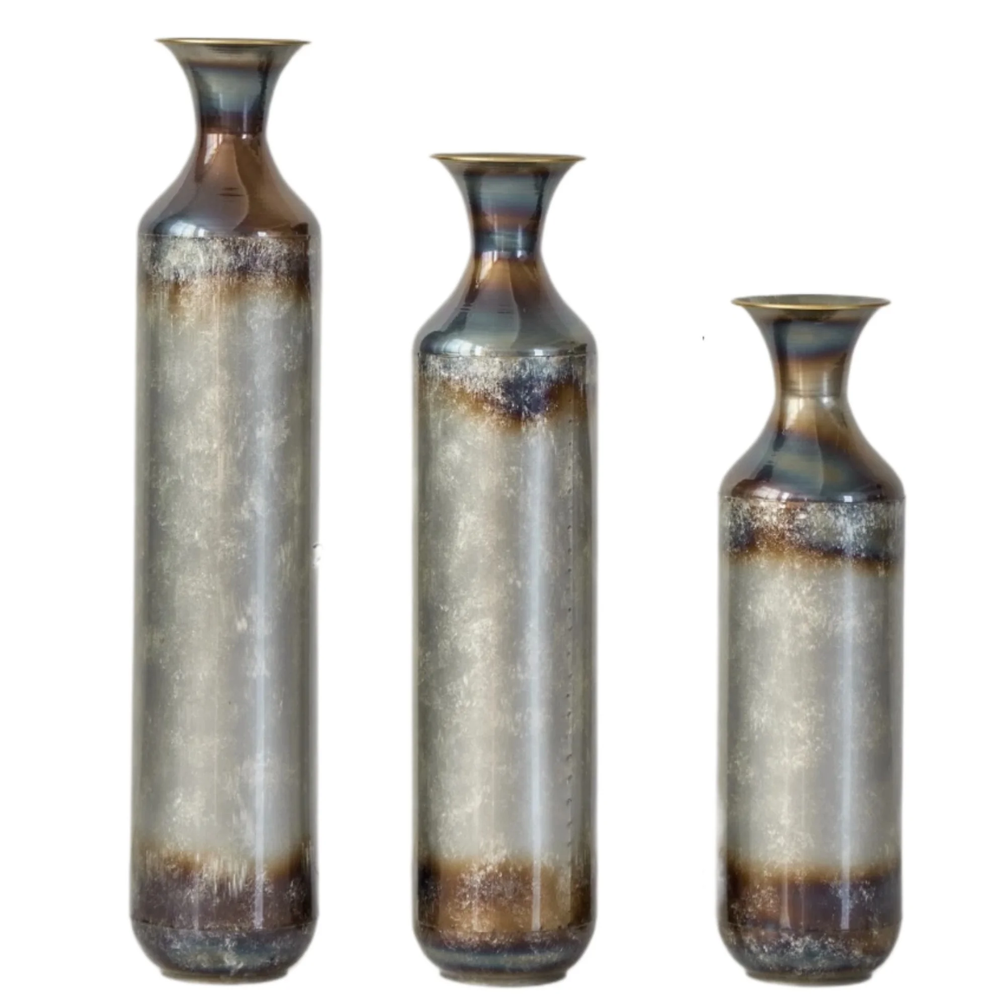 Hand-Forged Metal Vases Set of 3, Burnt Finish Rustic Floor Vases for Home Decor, 28.34 24.4 20.4 Inch Tall Flower Vases for