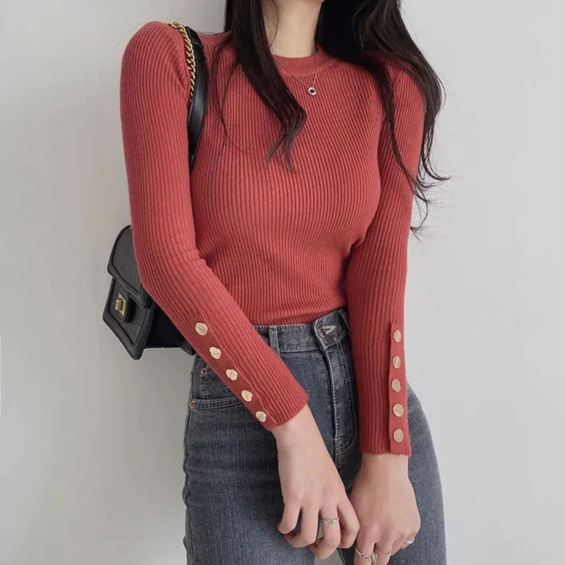 

Autumn Winter Women Knitted Sweater Long Sleeve Button O Neck Slim Pullover Sweaters Female Soft Warm Bottoming Tops