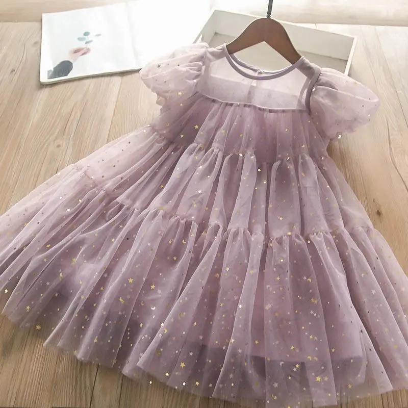 

Girls 2024 Summer New Pullover Round Neck Fashionable Solid Color Western Mesh Sequin Fluffy Yarn Puff Sleep Princess Dress