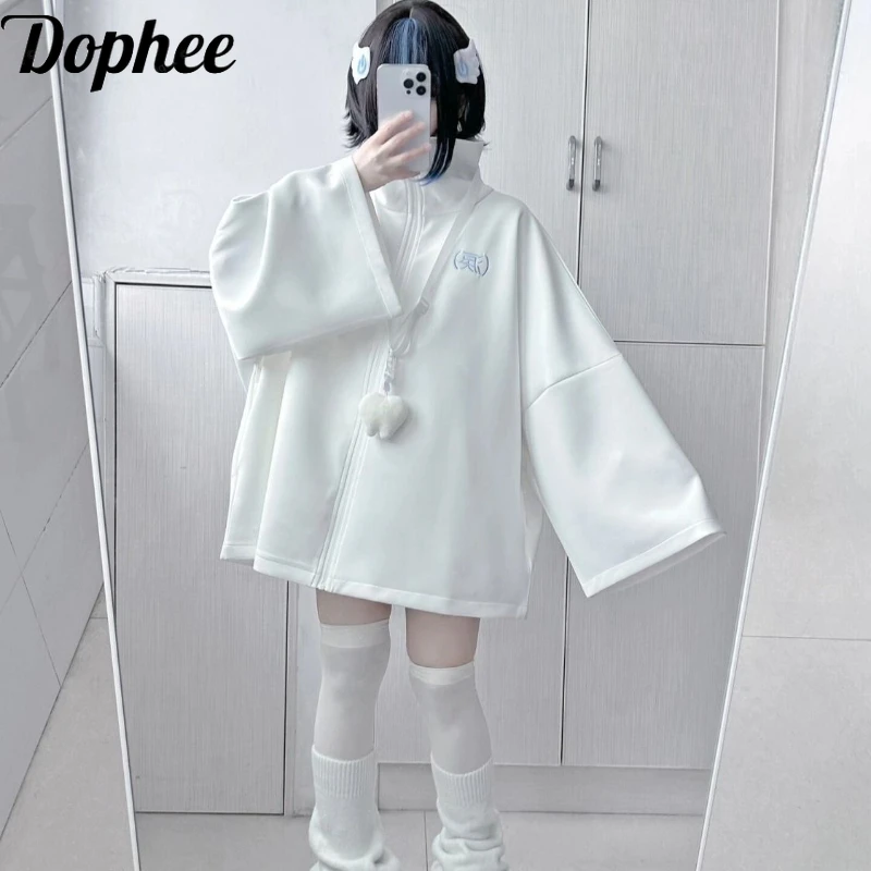 

Dophee Japanese Subculture Women Sports Jacket New Autumn Winter Loose White Zip Sweatshirt Long Sleeve Harajuku Cardigans Coat