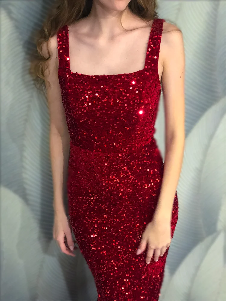 Romagic Sparkle Red Slit Leg Mermaid Long Cocktail Dress Sequin Stretchy Velvet Square Neck Sleeveless Party Graduation Gown