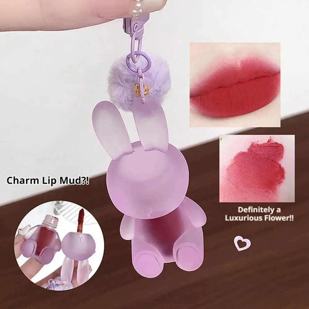 Cute Rabbit Keychain Lip Mud Soft Velvet Matte Lip Tint Not Easy Fade Non-sticky Cup Hydrating Multi-purpose Lip & Cheek Makeup