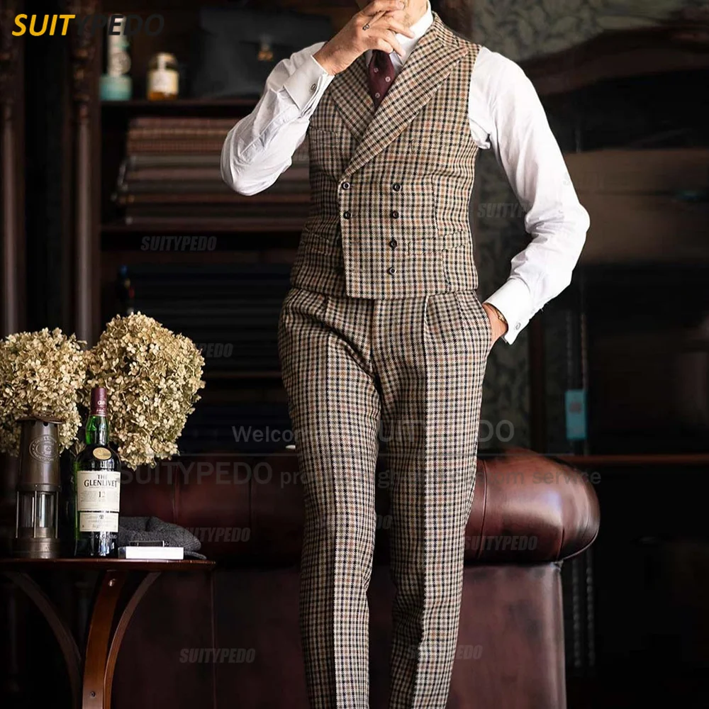 Plaid Suits Men Slim Fit Classic Lattice Printing Jacket Vest Pants 3 Pieces Retro Wedding Tuxedos Fashion Mens Business Blazer