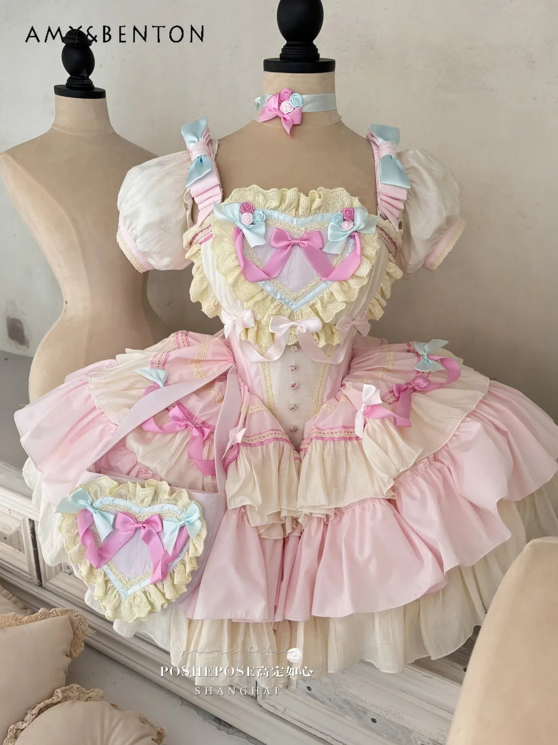 High Sense Sweet Elegance Princess Dress Summer New Kawaii Bow Square Collar Patchwork Color Ball Gown Dresses Y2K Mini Dress