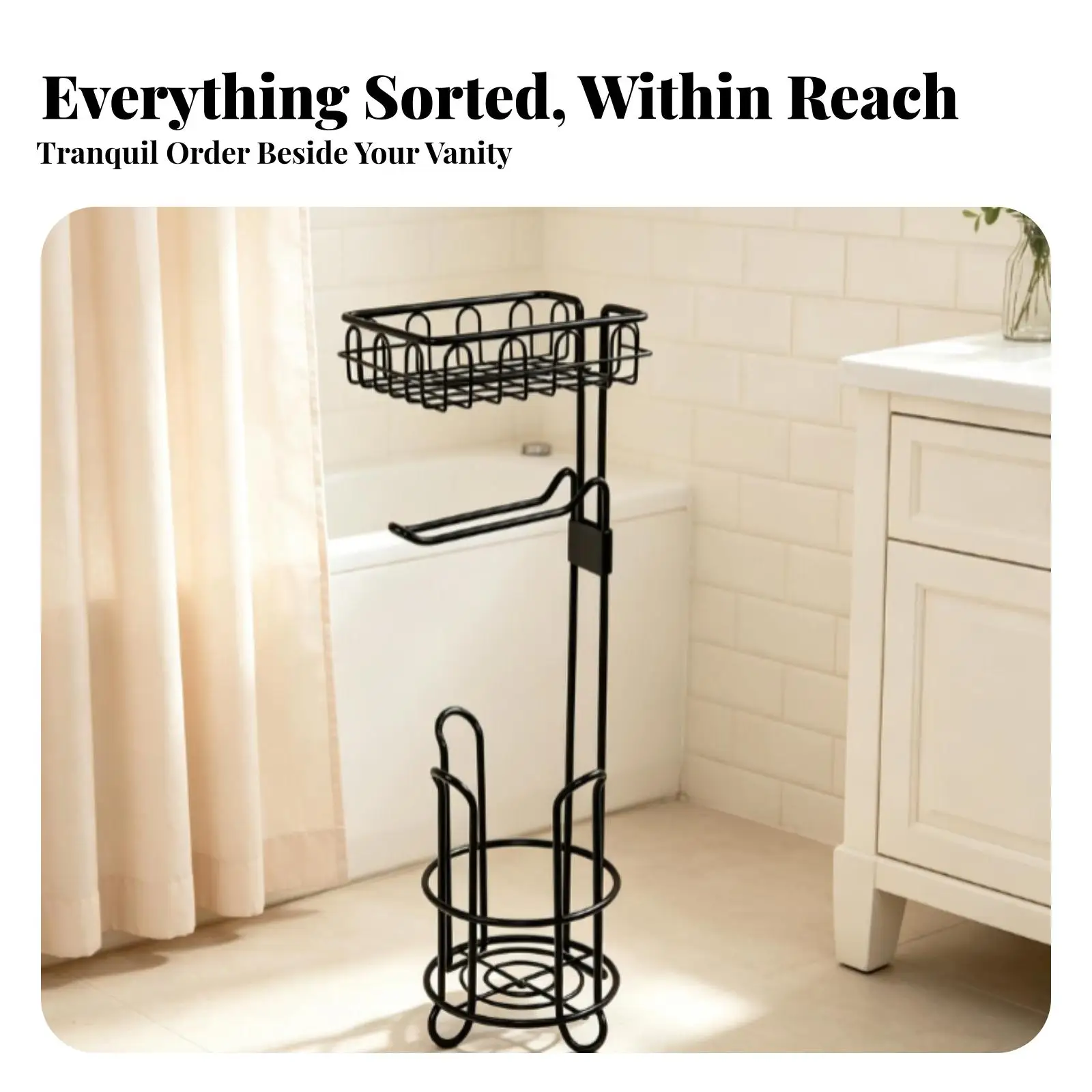 Toilet Paper Stand with Storage Basket Black Metal Bathroom Rack for Toilet Roll Holder and Phone Holder