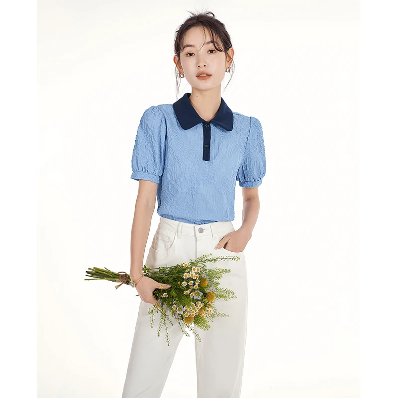 Toyouth Women Blouse 2023 Summer Puff Sleeves Polo Neck with Buttons  Shirts Contrast Color Textured Fabric Elegant Chic Tops