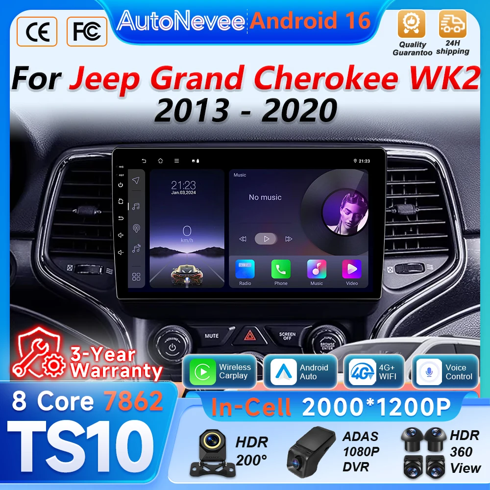 Radio para Auto con Android Auto y Carplay para Jeep Grand Cherokee WK2 2013 2014 2015 2016 2017 2018 2019 2020 Reproductor Multimedia Video 2din