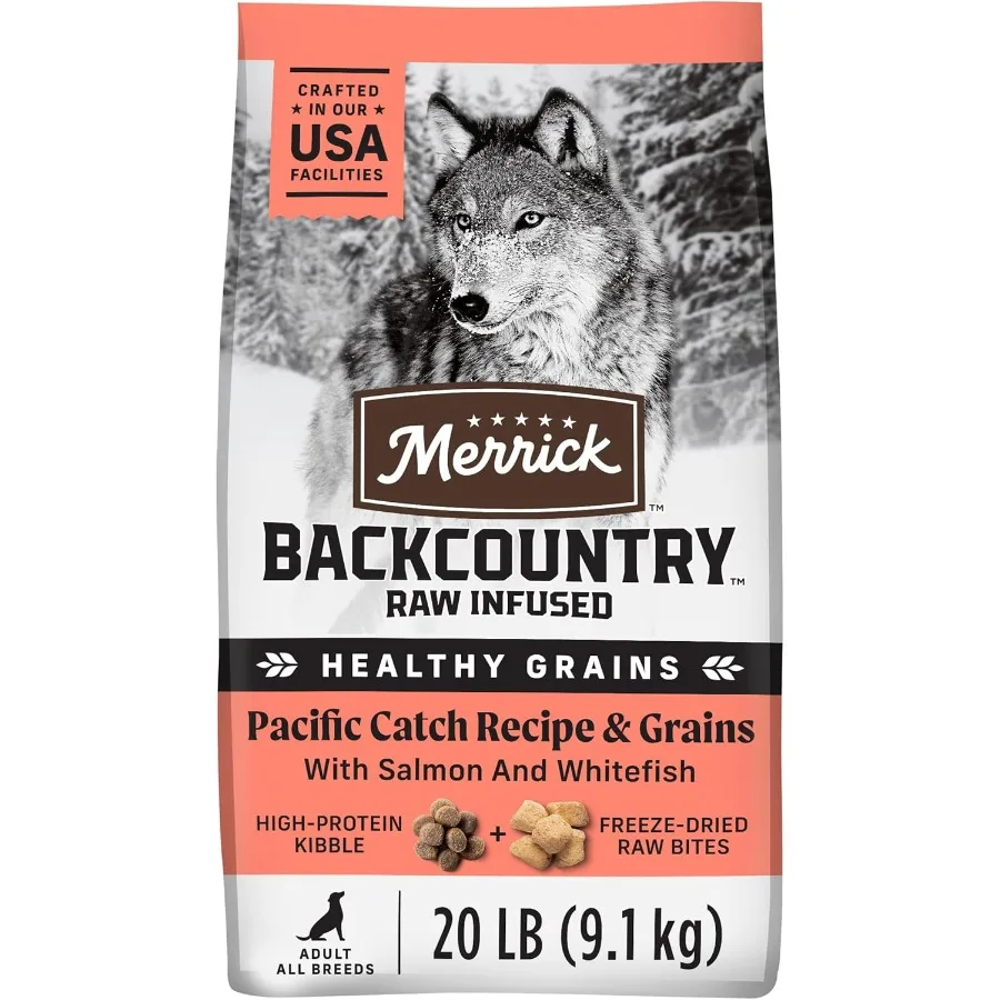 

Корм для собак премиум-класса Backcountry Healthy Grains с сублимированными сырьями, рецепт Pacific Catch — 20,0 фунтов. Сумка