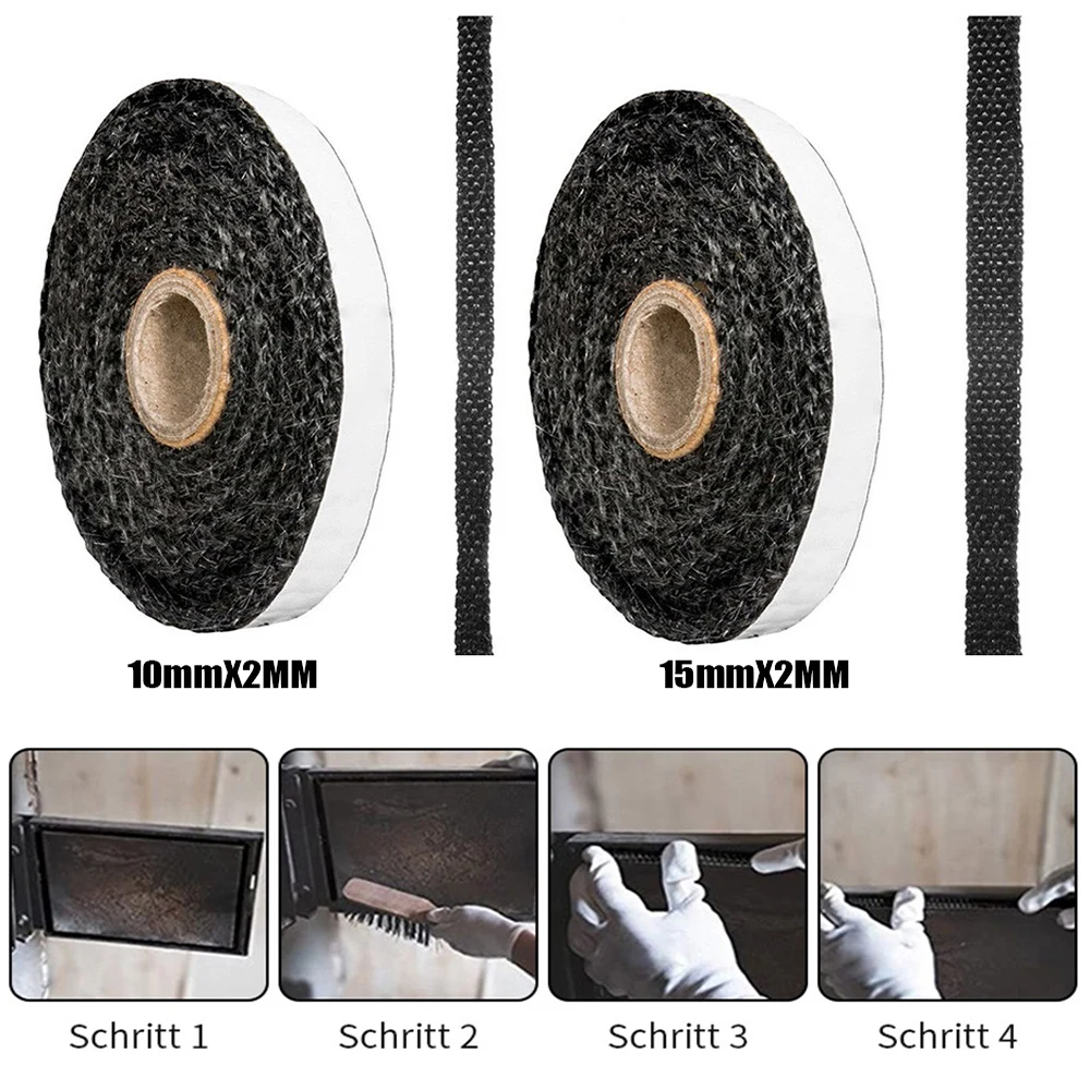 Schwarzes, flaches Ofenseil, selbstklebendes Fiberglas-Kamin-Türdichtungsband, Ersatzdichtungsband, 10/15 mm Breite, 2 m Länge – Detail 12