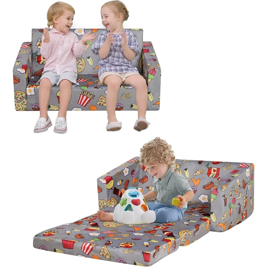 2 in 1 Convertible Foam Kid Sofa Couch for 's Room Velvet Toddler Sofa Chair with Side Pocket Storage Easy to Transform from So