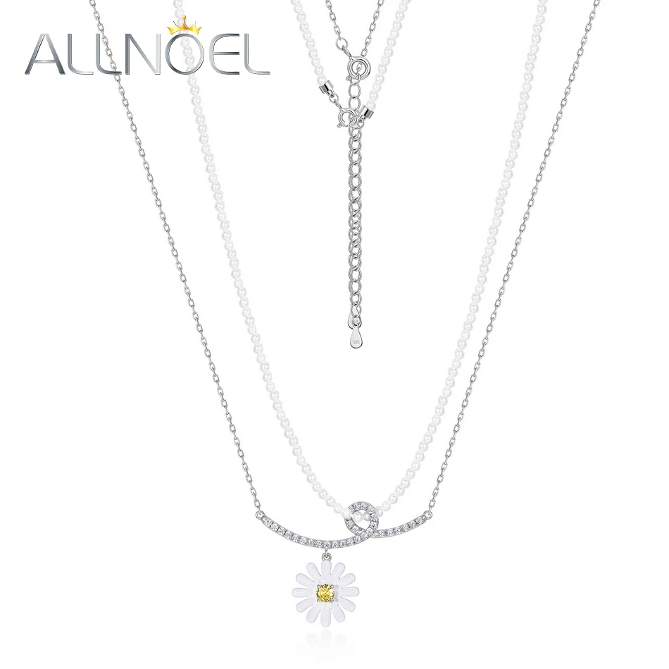 ALLNOEL 925 Sterling Silver Necklace for Women 2.5mm Pearls Double Chain Yellow Zircon Daisy Flower Enamel Summer Jewelry Gifts