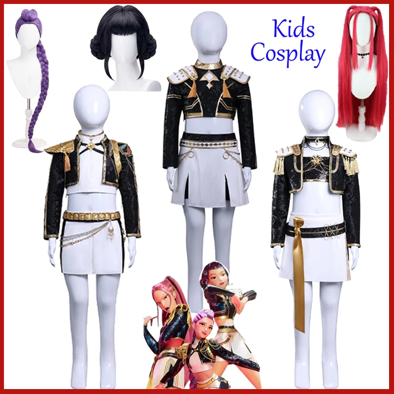 

Kids Rumi Zoey Mira Cosplay Costume K-POP Demon Hunters Black Golden Shiny Uniform Party Carnival Child Girl Role Playing Outfit
