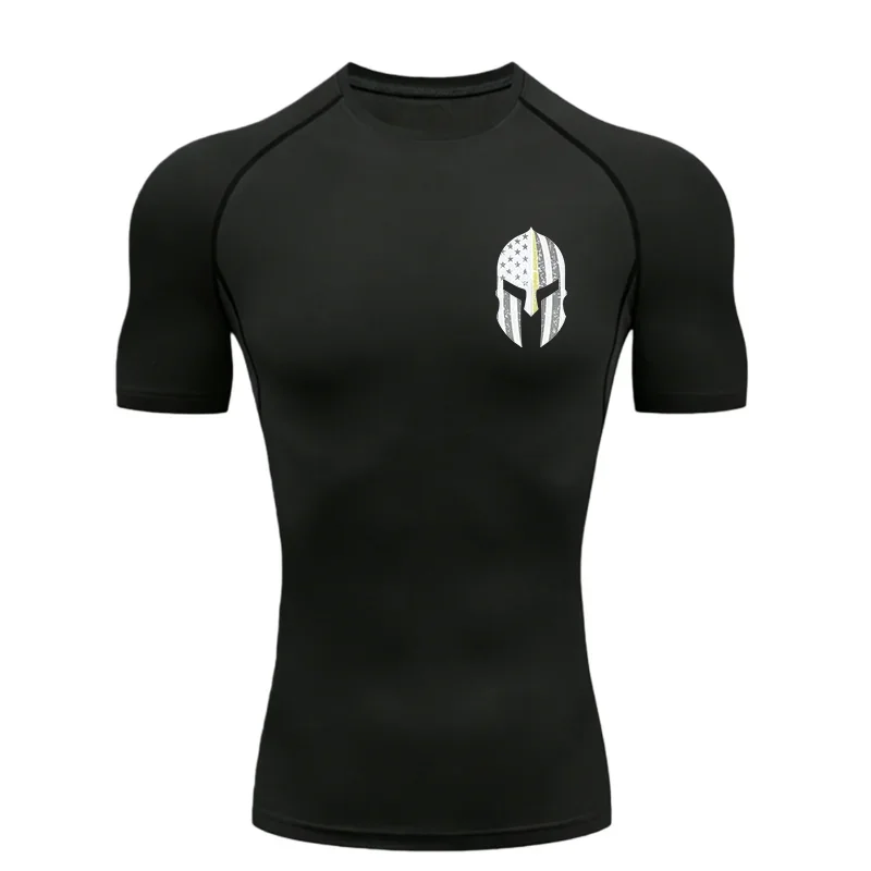 2026 Men's Spartan Helmet American Flag Print Compression Shirt Quick Dry Short Sleeve Gym Workout T Shirt Fitness Running Tops