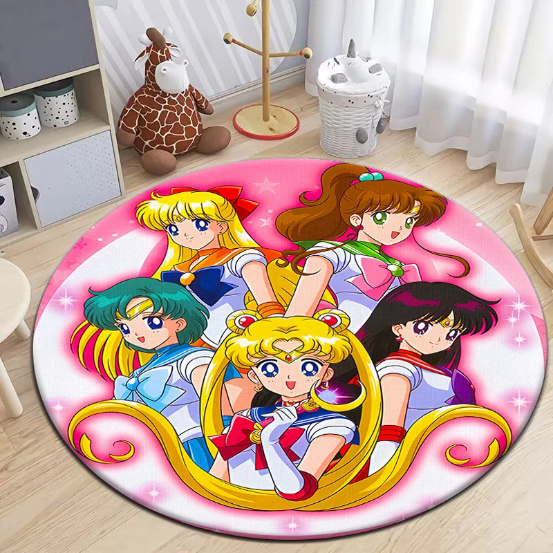 Sailor Moon HD Printed Cartoon Round Carpet for kids Living Room Rugs Camping Picnic Mats Flannel Anti-Slip Rug Yoga Mat Gifts