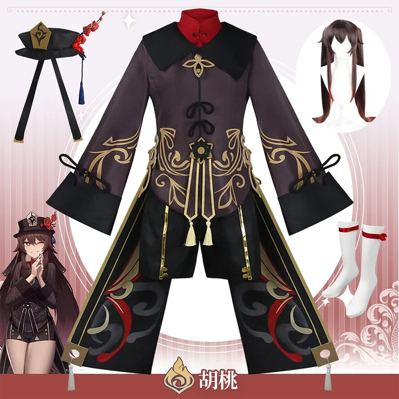 Costume de Cosplay Hutao Genshin Impact avec Perruque, Jeu d'Anime Hu Tao, Style Chinois, Halloween, Carnaval, Bagues, Chapeau