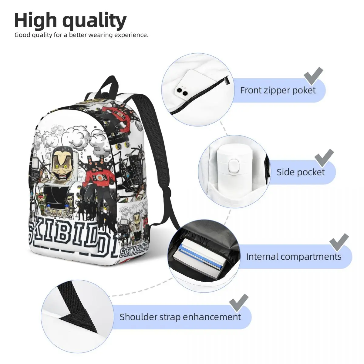 Skibidi-WC Funny Game Backpack para pré-escolar, escola primária, mochila durável para meninos e meninas