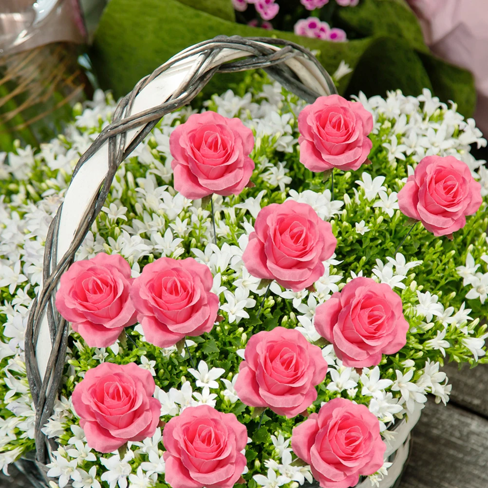 

2 Pcs Fabric Rose Card Arrangement Outdoor Decorations Metal Flower Decorative Garden Stakes Silk Cloth