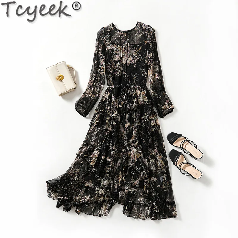 Tcyeek 100% Mulberry Silk Beach Dress Women Elegant and Pretty Women's Dresses Spring Summer Clothes Lace-up Vestidos De Mujer