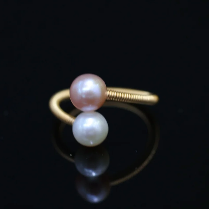 

SGARIT 14K Gold Filled Classic Retro Natural Freshwater double Pearl Ring 5-6mm adjustable size Gift for Women