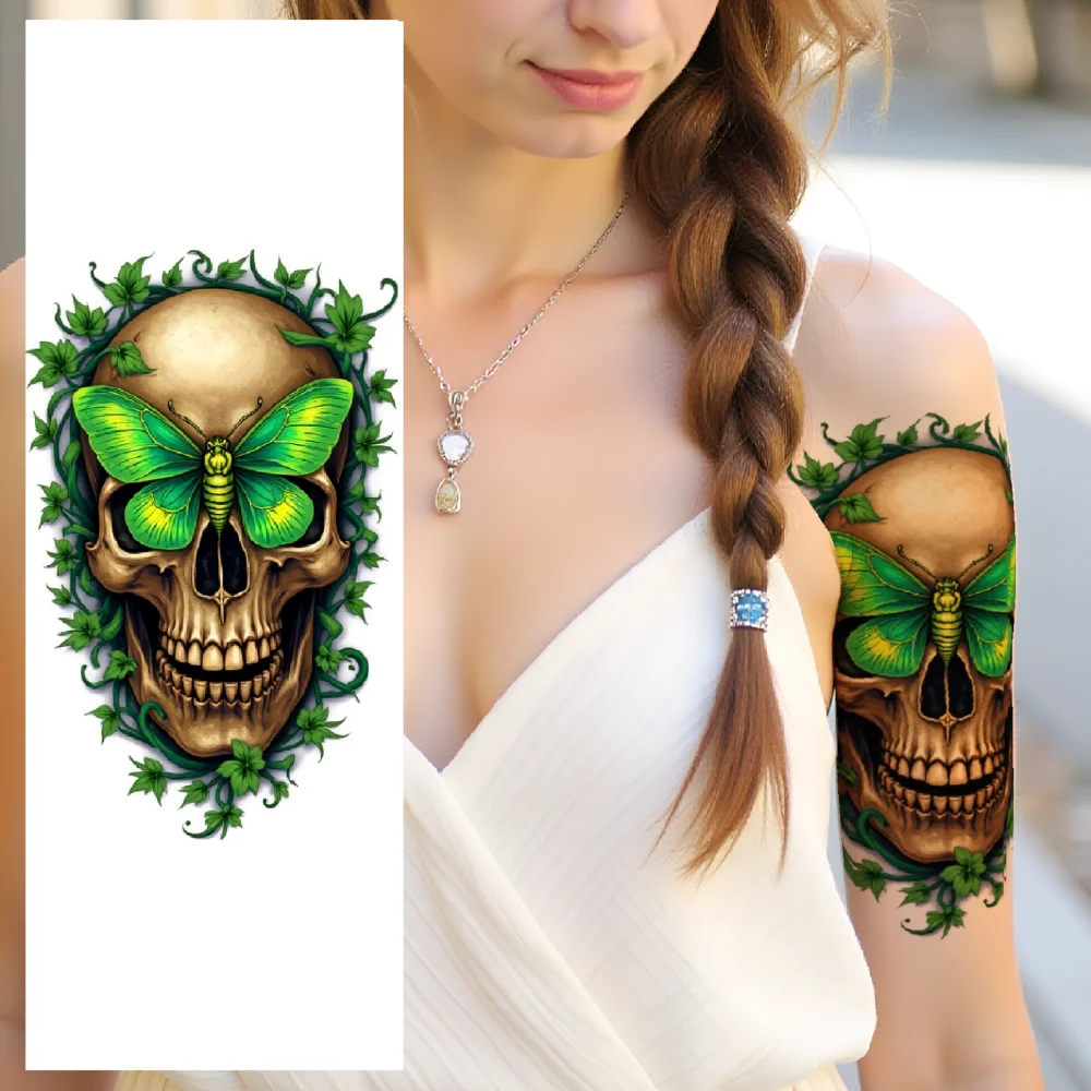 

3pcs Temporary Tattoo Skull With Worms Colorful Realism Skull With Butterfly Skull With Bird For Thighs Arms Men