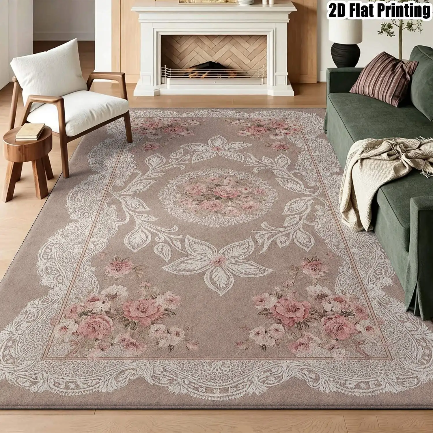 1Pc 2D Printed Carpet: Beige Brown Base & Pink Flower Pattern European Vintage, Instagram-Inspired Minimalist Floor Mat for Home Decor, Available in Multiple Sizes, Machine Washable, Suitable for Living Room, Bedroom, Dining Room, Entryway, Study.