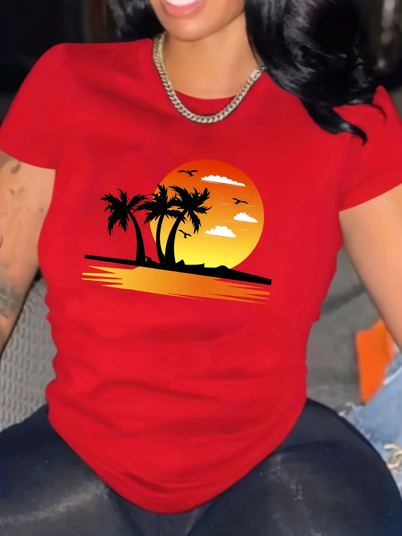 

Trendy Simplicity Beach Sunset Solid Color Printed Women's Tshirts Spring Summer Casual Short Sleeve Tops Holiday Style Clothing