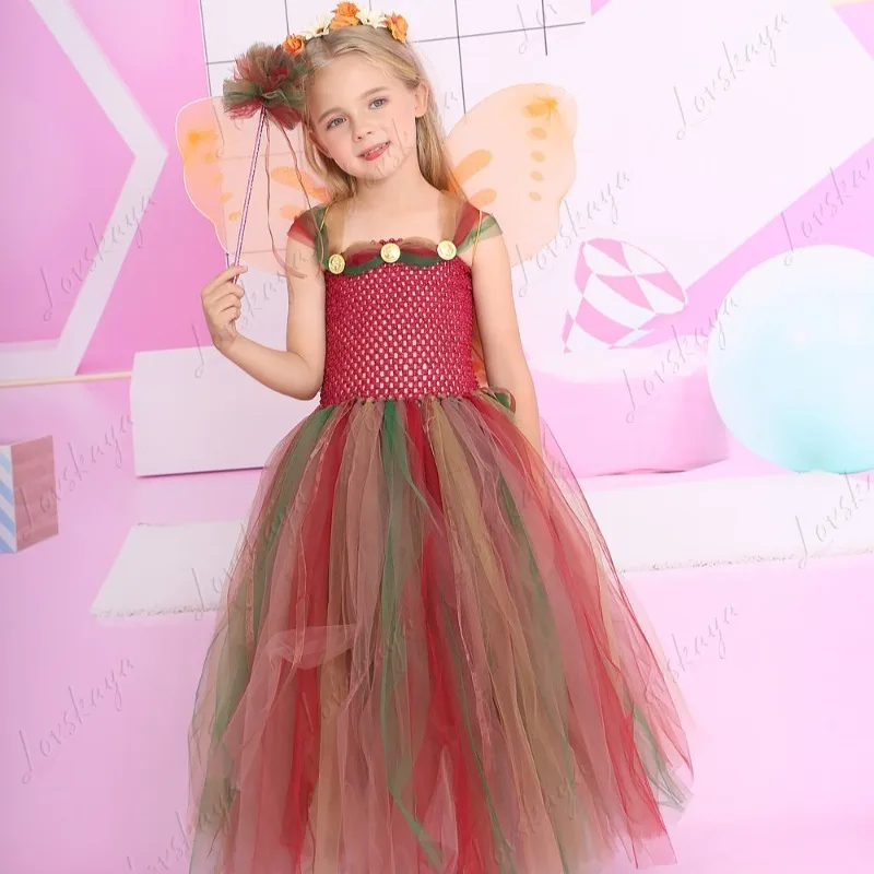 Forest Fairy Princess Dress with Small Child's Formal Gown Set for Halloween Performance Outfit