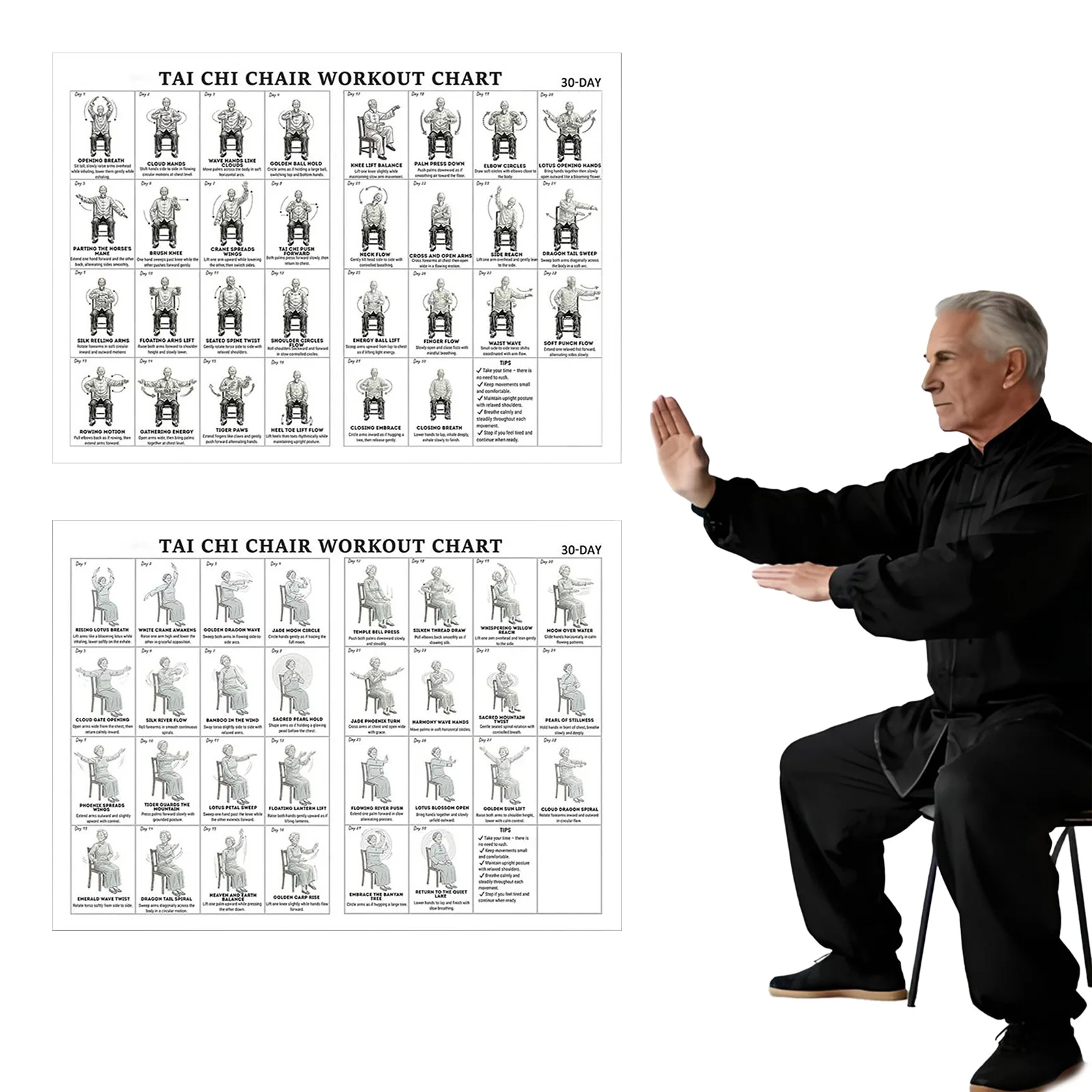 11.81 X 17.72 Inch Canvas Seated Exercise Charts Hanging Chair Yoga Chart Poster Print Easy Display for Living Room Bedroom Home