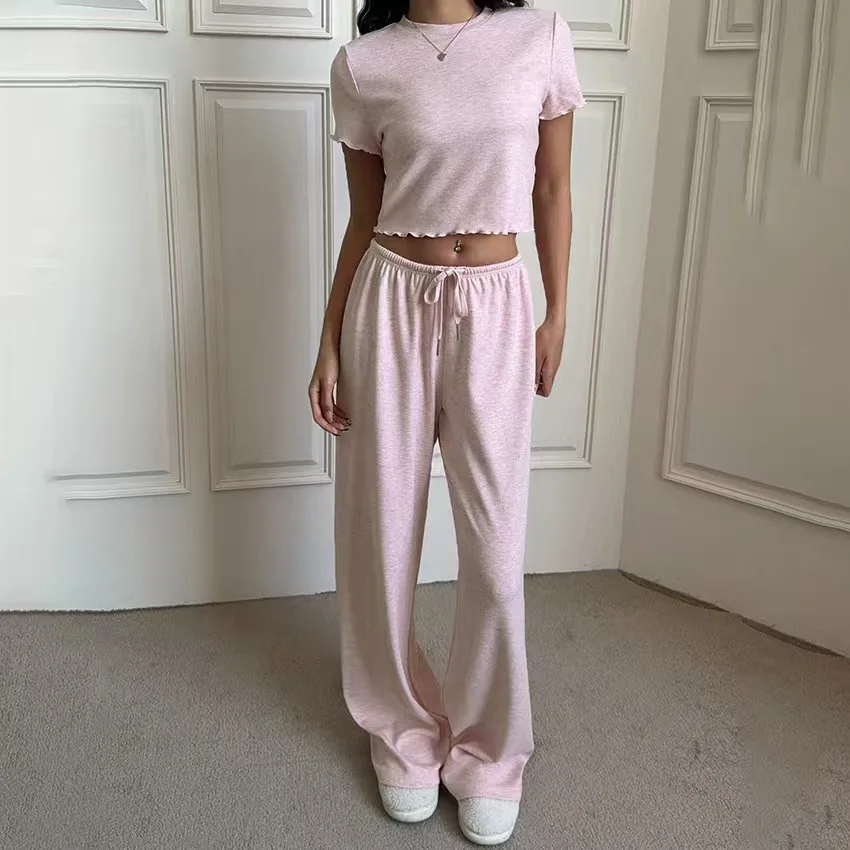 

Pink Comfortable Home Clothes Top And Pants Set Simple Design Two-Piece Suite Long Pants Soft Material Youth Size Fall Season